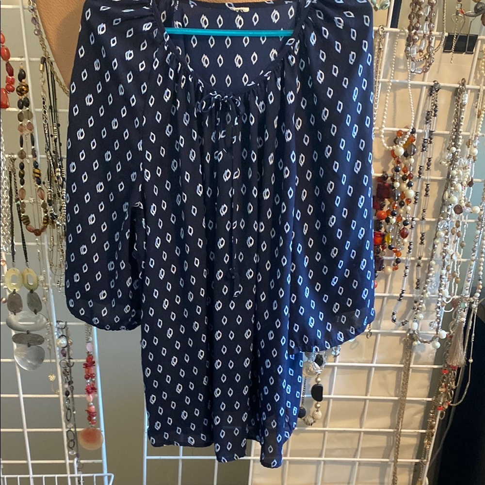 Navy Blue Blouse with White Pattern polyester 3/4 sleeves 2X